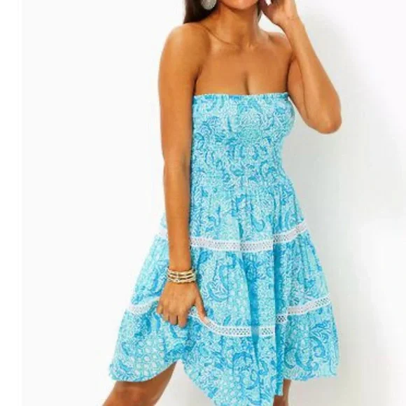 Lilly Pulitzer Kelvina Blue Strapless Smocked Bodice Dress with Ruffled Tiers  L - Picture 13 of 13